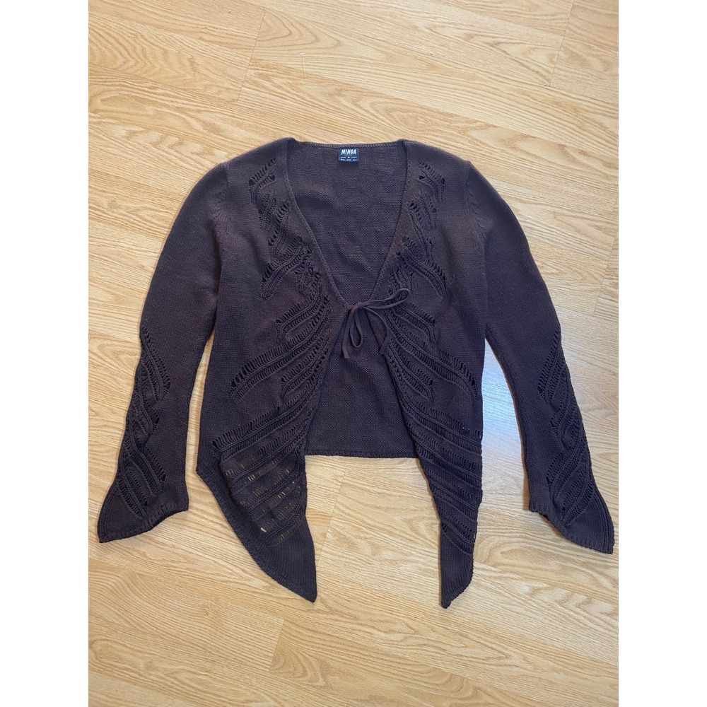 Minga London Brown Pointelle Tie Front Cardigan Asymmetrical Bell Sleeve Medium